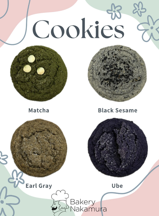 Four cookie flavours: matcha, black sesame, Earl Grey, and ube