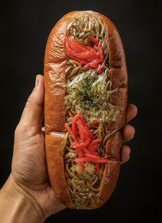 Yakisoba-pan: soft bun filled with yakisoba noodles and toppings